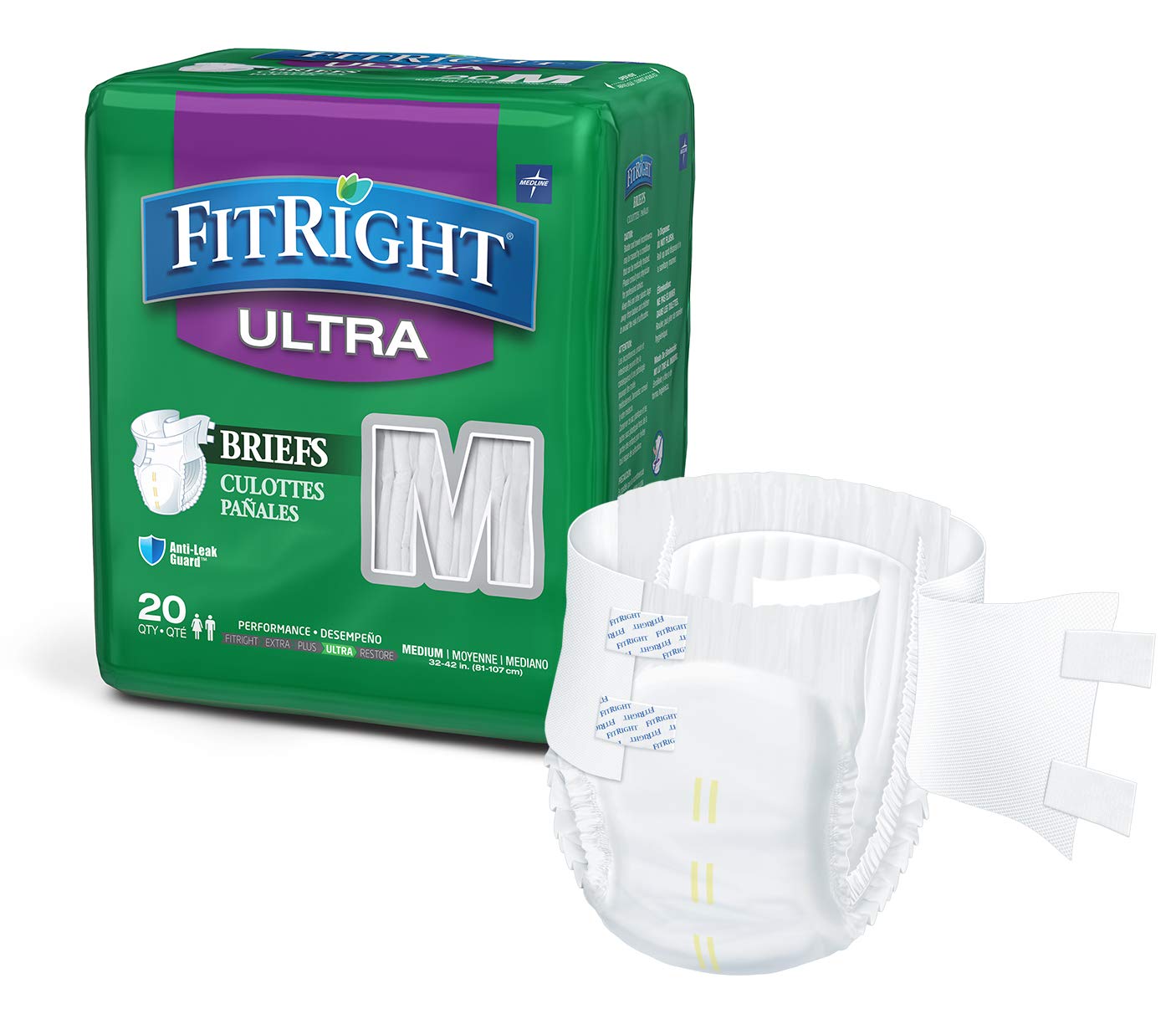 Bundle of Medline - FITULTRAMD FitRight Ultra Adult Diapers, Disposable Incontinence Briefs with Tabs, Heavy Absorbency, Medium, 32"-42"