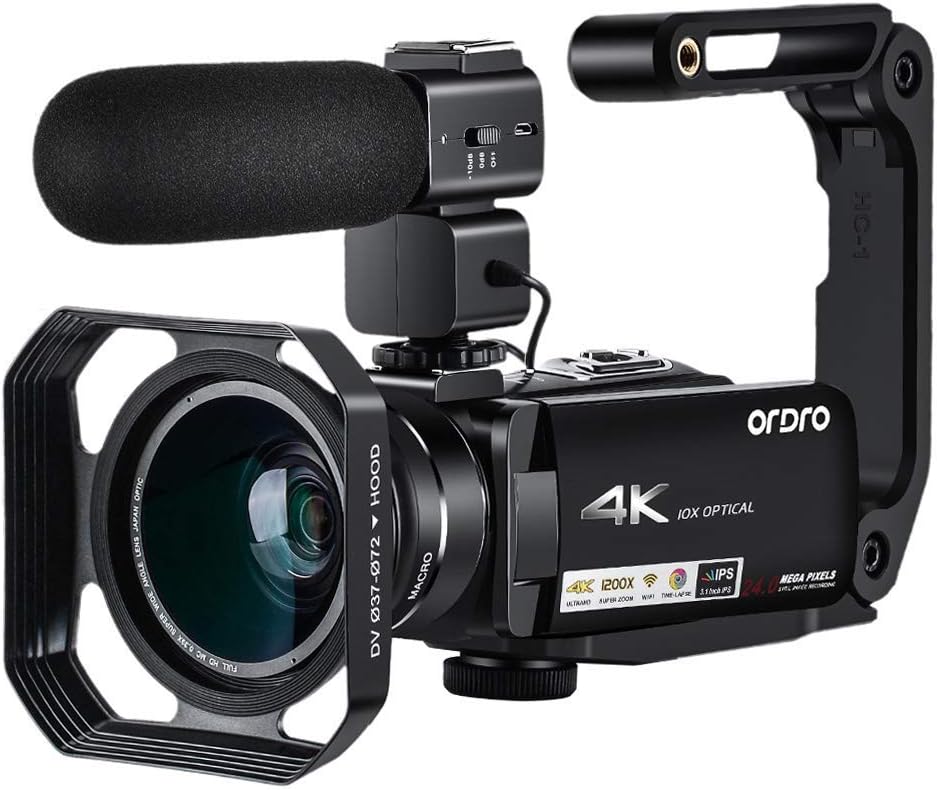 4K Video Camera Camcorder ORDRO HDR-AC7 UHD 4K Camcorder 10x Optical Zoom 3.1'' IPS Digital Wi-Fi Video Recorder 4k Camera with Microphone, Wide Angle Lens and Holder