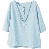 FTCayanz Women's Linen Tops Shirts Summer Casual Jacquard Tunic Blouse