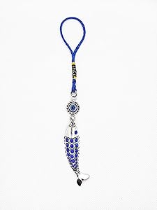 LUCKBOOSTIUM - Silver Rhinestone inlayed Fish Charm with Blue Evil Eye Circle Amulet, Hanging décor Piece, symbolizes Fertility, Christianity, Rebirth, for Car, Office, Home, Great Gift, 1” x 7”