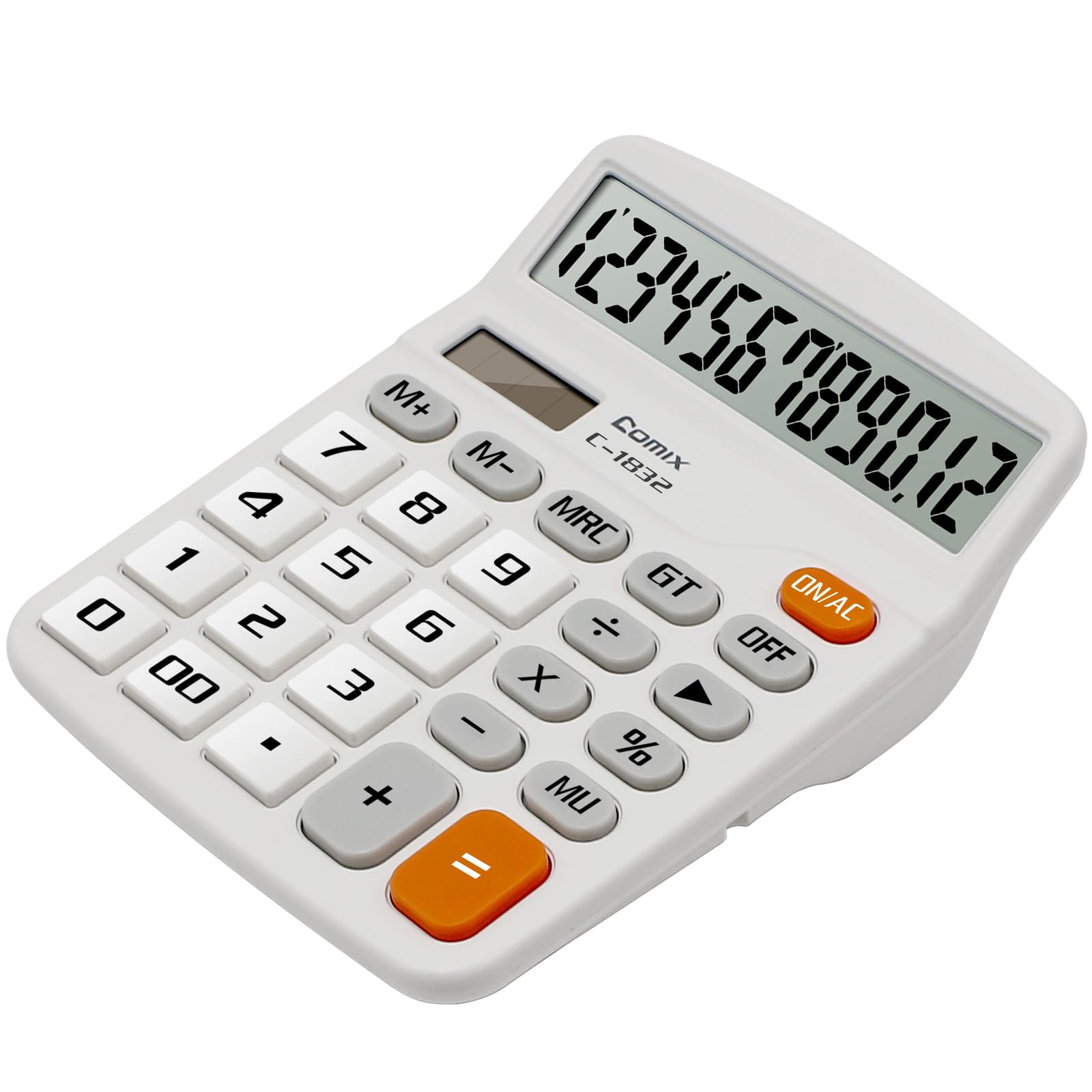 Comix Desktop Calculator 12 Digit with Large LCD Display and Big Button, 12 Digits Baisc Calculator, Solar Battery Dual Powered, for Office Home School C-1832(White)