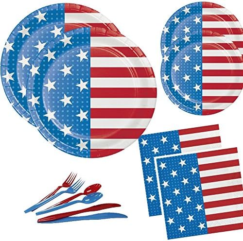 American Flag Patriotic Paper Plates Napkins and Cutlery Huge Bundle--- Red White and Blue Disposable Party Packs Set for 24-- Total of 156 Pieces
