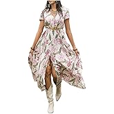 SGF11 Black Dresses for Women 2025 Floral Design V Neck Short Sleeve Maxi Dress Wear Casual Wedding Party