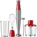Turelar Immersion Blender Handheld Corded Hand Blenders Set 1100W, Trigger Variable Speed 5 in 1 Stick Emulsifier with Chopper, Whisk and Frother for Soup, Baby Food and Smoothies, Christmas red