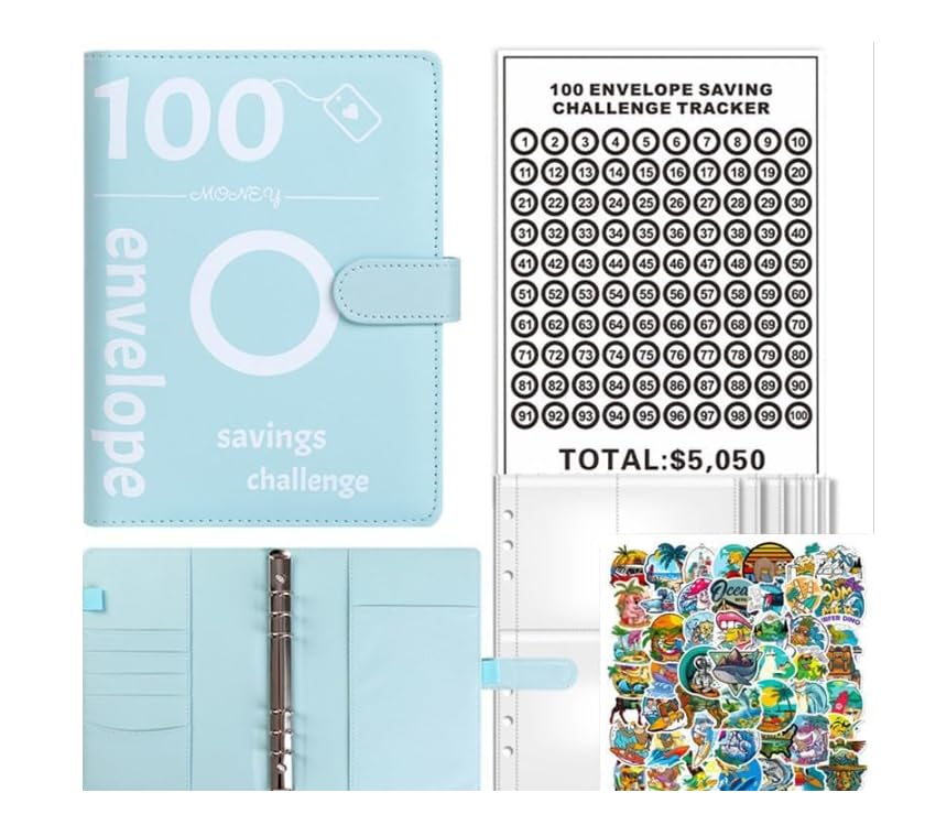 100 Envelopes Saving Challenge,Savings Book with Cash Envelopes Fun Budget Challenges for Money Easy Budget Binder Organizer for Couples Offices Home School (Blue, Surfing)