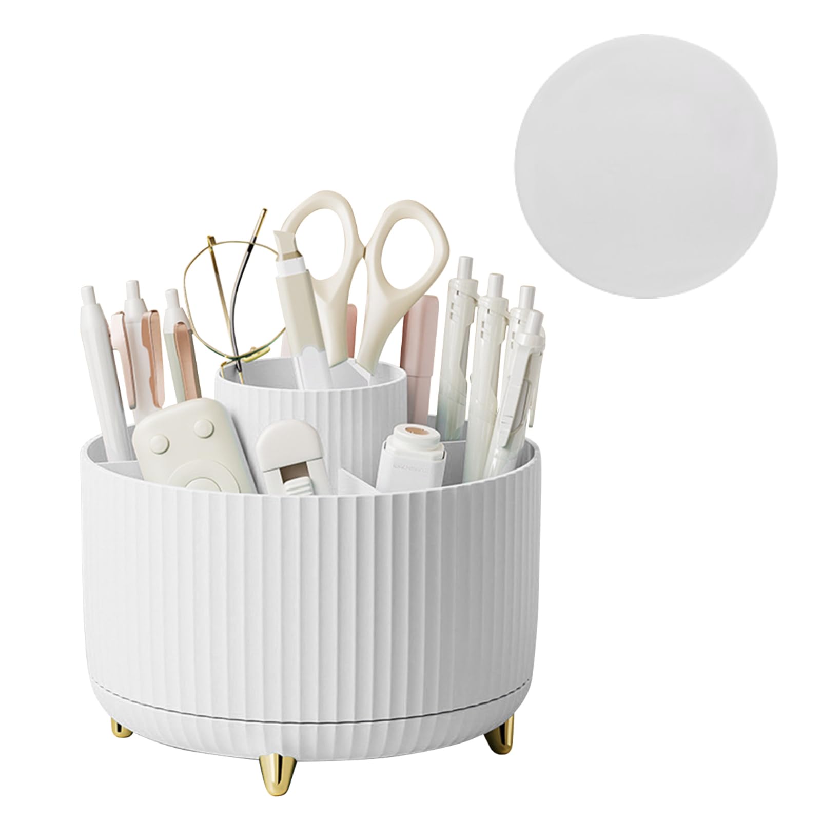 Vilike Rotating Pen Pot, Pencil Holder for Desk Organiser with 5 Compartments, Makeup Organiser with Anti-slip Pad for Home, School, Office(White)