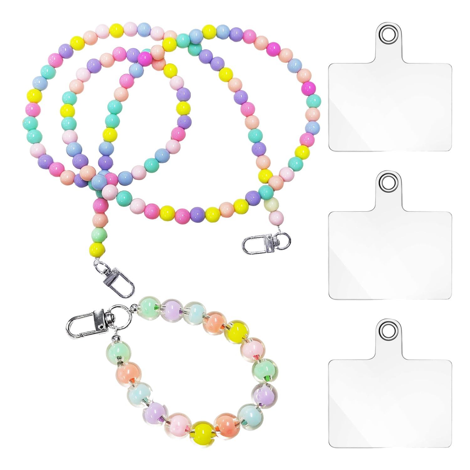 OAAO 2-Piece Colourful Beads Necklace with 3-Piece Lanyard Spacer, Mobile Phone Loss Prevention Lanyard, Candy Colour Crossbody Beads Necklace