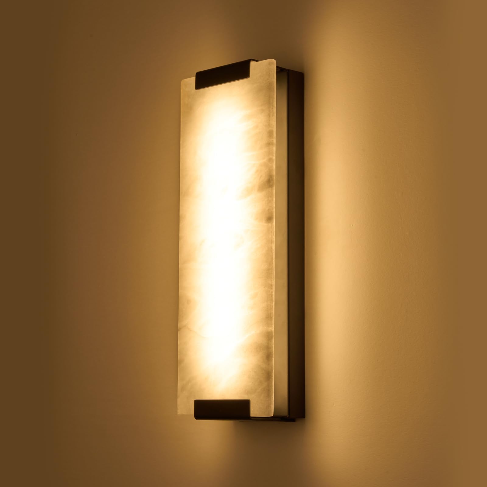 Photo 1 of 14.2in Alabaster Wall Sconce Hardwired, Large Vertical Natural Marble Wall Light Decor, LED Modern Alabaster Wall Lamp for Bedroom, Stairs, Living Room, Vanity, Bedside, Hallway, Bathroom?Black 12W?