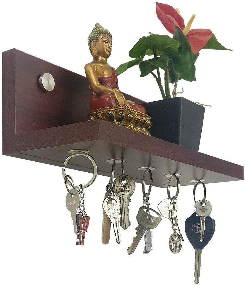 A10SHOP Omega 8 Wooden Wall Mounted Shelf Organiser with Magnetic Key Ring Holder (Mahogany)