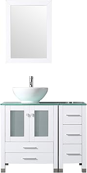 Bathjoy 36 White Bathroom Wood Vanity Cabinet Ceramic Vessel Sink Top Faucet Drain Combo With Mirror Vanities Set Amazon Com