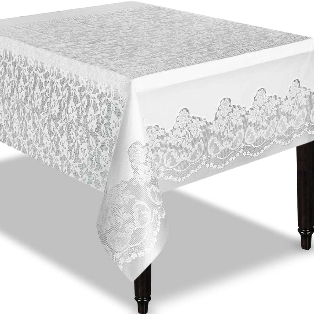 Stylish White Lace Rectangular Plastic Table Cover (137cm x 274cm) 1 Count - Disposable Tablecloth for Parties and Events