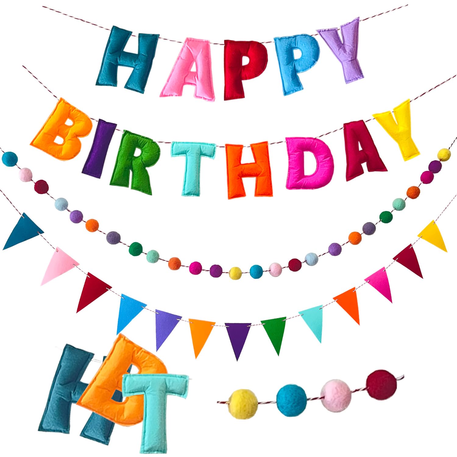 Pre-Strung Happy Birthday Banner - Felt Ball Garland - HAPPY BIRTHDAY Garland, Rainbow Birthday Decorations, Personalized Sign for Party Decor, Photo Prop (Blue With Ball Flags 2)