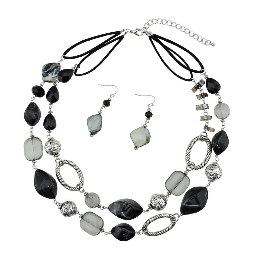 BOCAR 2 Strand Statement Choker Shell Necklace and Earring Set for Women Gift (NK-10370-black)