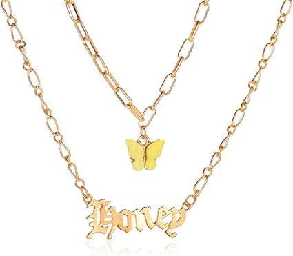 Download Amazon Com Timesuper Personalized Double Layered Butterfly Choker Necklace Letter Pendant Clavicle Chain For Women Yellow Arts Crafts Sewing