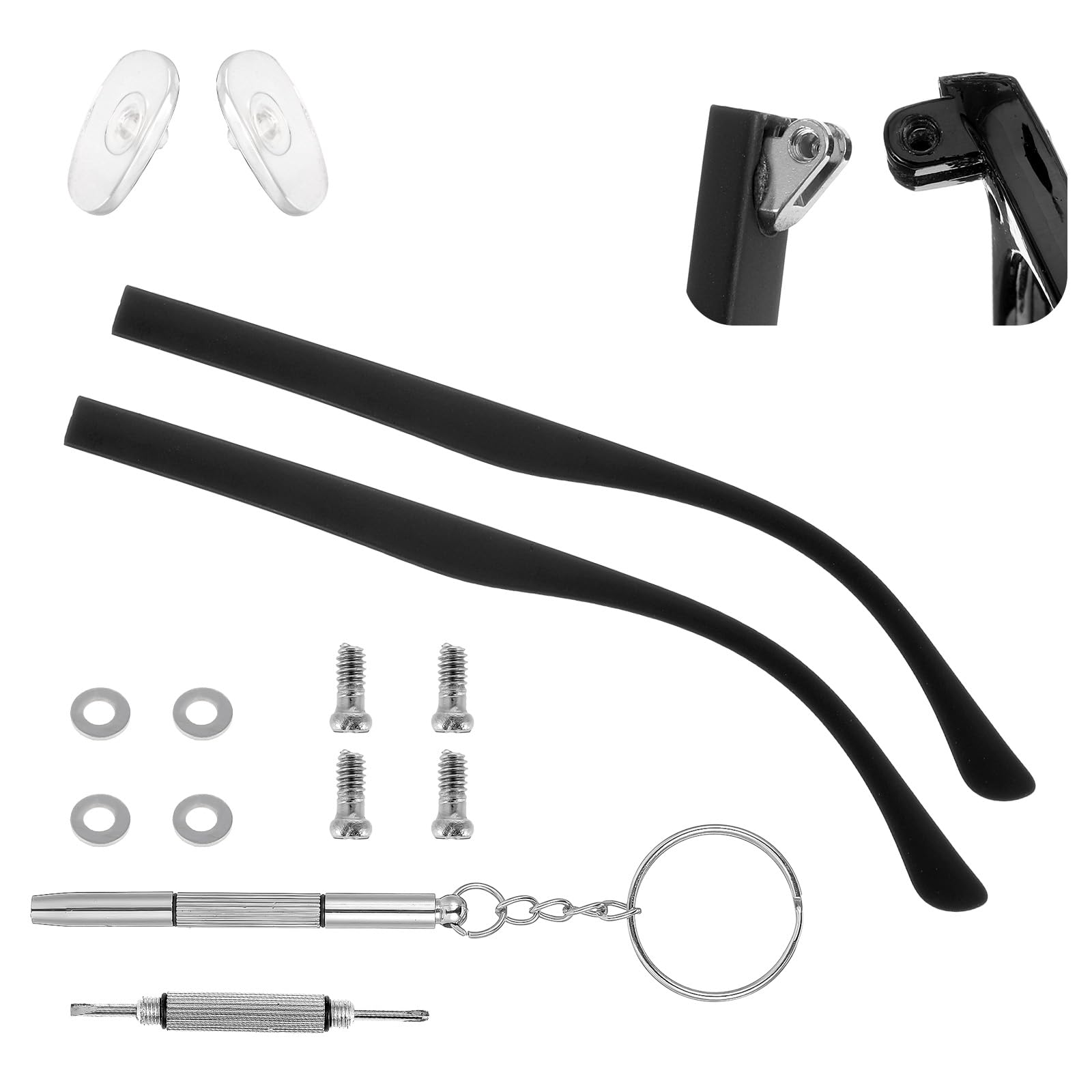 Photo 1 of 1Pair Glasses Arm Replacement, Universal Glasses Repair Kit with Screws, Eyeglasses Arms Legs Replacement Accessories with Screws Washers Screwdrivers Nose Pads(Black)