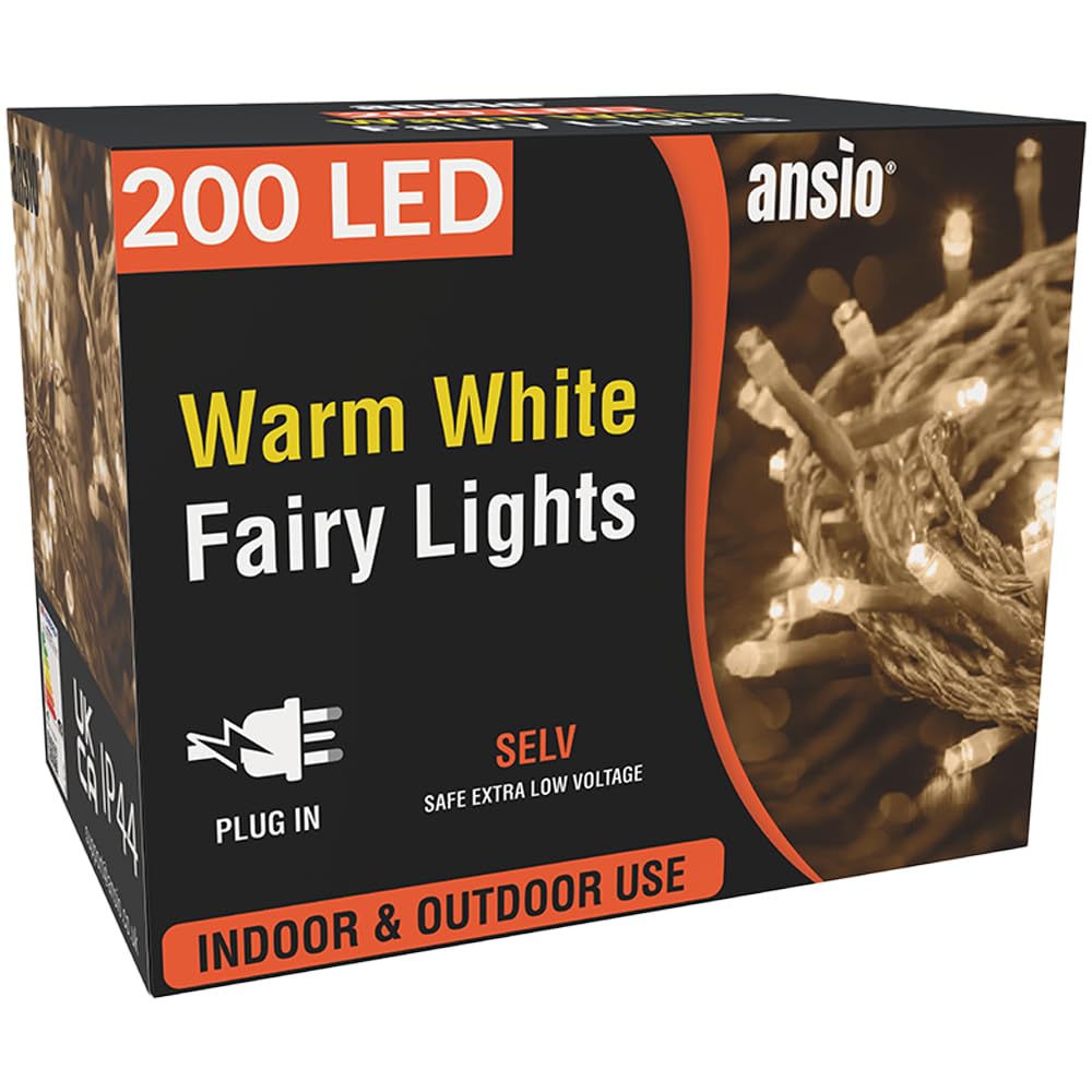 ANSIO® Christmas Lights 200 LED 20m/65ft Christmas Tree Lights for Indoor & Outdoor Warm White Decorations Fairy String Lights for Xmas Garden Bedroom & Party | Mains Powered Clear Cable