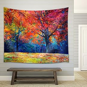 Oil Painting Showing Beautiful Autumn Forest on Canvas. Modern Impressionism - Fabric Wall Tapestry Home Decor - 51x60 inches