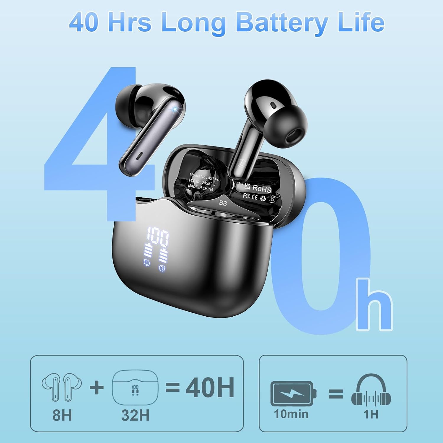 Bluetooth Kopfhörer, Kopfhörer Kabellos Bluetooth 5.4 In Ear Kopfhörer mit 4 ENC Noise Cancelling Mic, Kabellose Kopfhörer Tiefer Bass Wireless Earbuds 40Std, IP7 Wasserdicht Ohrhörer LED Anzeige 5