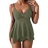 Aidonger Tankini Swimsuit for Women Tummy Control Two Piece Bathing Suit V Wire Neck Swimwear Flowy Swim Top with Bottom