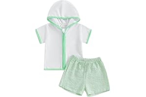 Toddler Baby Boys Girls Swim Cover Up Terry Cloth Zipper Hooded Beach Towel Seersucker Shorts Bathing Suits Coverup