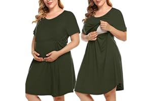 MONNURO Women's Plus Size Nursing Dress Short Sleeve Color Block Labor Delivery Maternity Nightgown Dress for Breastfeeding(A