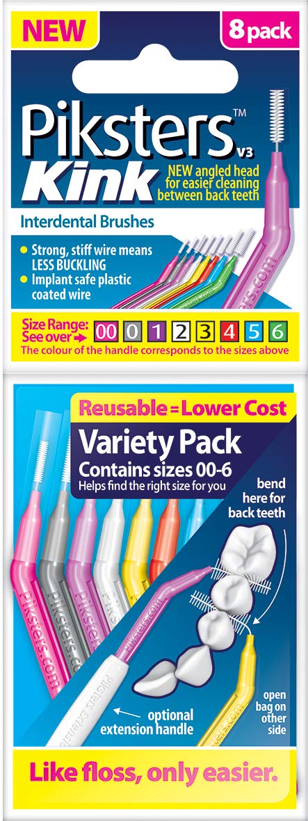 Piksters Kink Interdental Brushes 8 Brush Variety Pack | For Brushing Between Teeth| Sizes 00,0,1-6