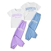 Jolyshlid Girls 4 Pieces Outfits Short Sleeve Printed Tee Tops and Pants Set 4-12Y