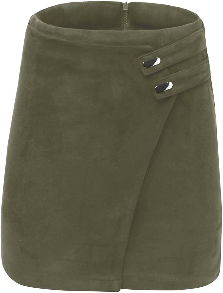 Women's High Waist Faux Suede Zipper Back A-Line Bodycon Short Mini Skirts.