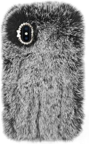iPhone x Case, Kinbling iPhone10 Bling Case Slim Fit Bling Diamond Luxury Winter Soft Warm Faux Rabbit Fur Fuzzy Plush with Crystal Cute Protective Furry Back Cover for Apple iPhone 10 - Gray
