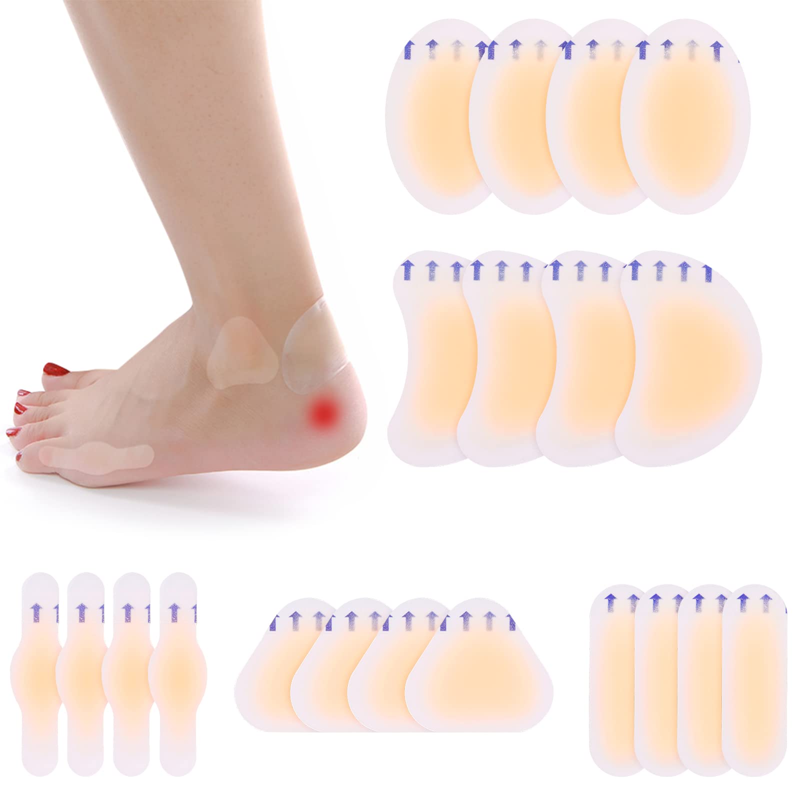Guard Blister Prevention Patches - 20pcs Hydrocolloid Plasters for Feet, Fingers, Toes, Forefoot & Heel - Invisible, 5 Sizes