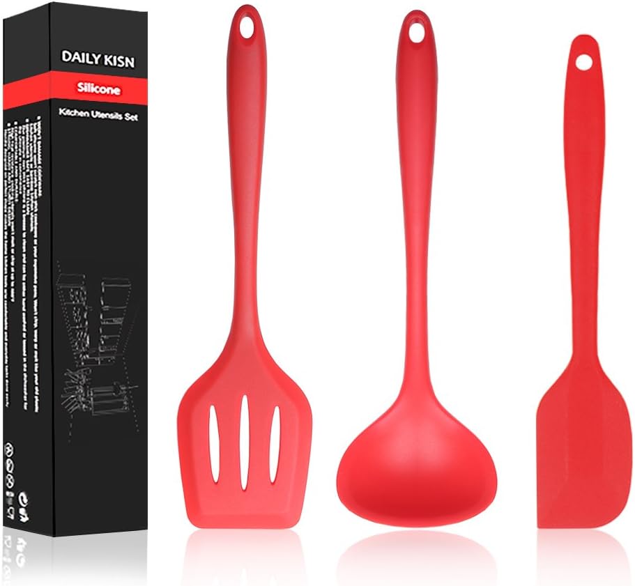 Silicone Utensil Set 3 Piece - Flexible Silicon Spatula/Turner/Soup Ladles, Heat Resistant Non Stick Cooking Tools, BPA Free&FDA(Professional, Cookware Kitchen Gadgets Red)