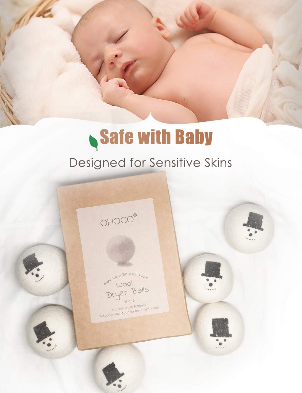 OHOCO Wool Dryer Balls 6 XL Pack from Organic Natural Wool for Laundry, Fabric Softening - Anti Static, Baby Safe, No Lint, Odorless and Reusable, Snowman