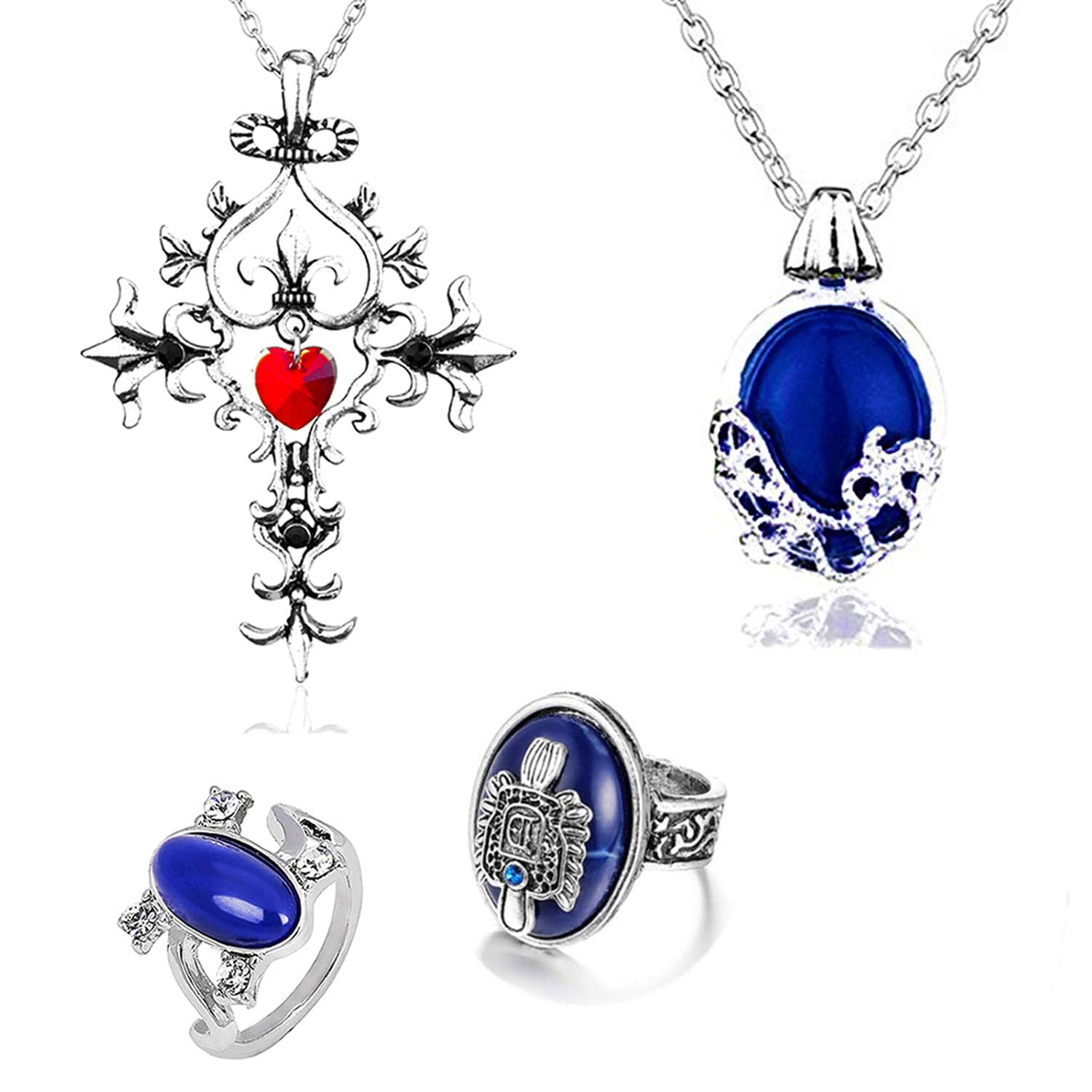 YouU 4 pcs Cosplay Jewelry Set Daywalking Katherine Sapphire Crystal Necklace Vampire Cross Symbol Necklaces Damon Stefan finger Family Crest Ring