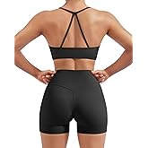 SUUKSESS Women 2 Piece Workout Sets Padded Halter Sports Bras High Waisted Biker Shorts with Pockets