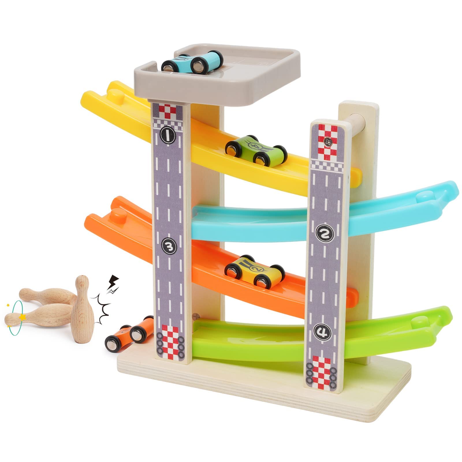 Wooden Car Ramp Toys Zig Zag Cars Slide Toddler Toys Wooden Click Clack Race Track Bowling Game Wood Car Toy Garage with 4 mini Cars 3 Bowlings for 1 2 3 Year Old Boys Girls Gifts