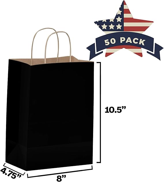 Black Paper Bags with Handles 50 Pcs 8x4.75x10.5 inches