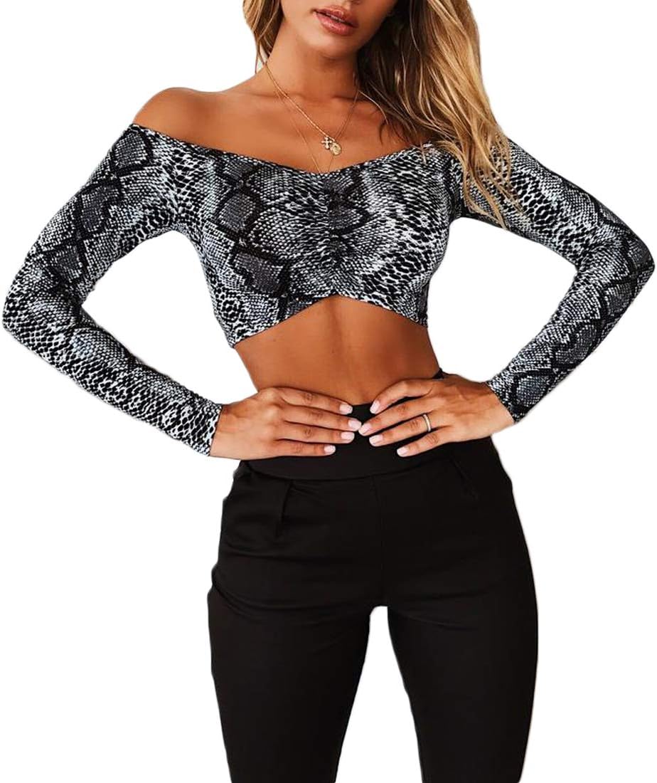 Women's Sexy Off Shoulder Long Sleeve Tanks Snakeskin Print Party Club Crop Camis Tops