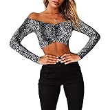 Women's Sexy Off Shoulder Long Sleeve Tanks Snakeskin Print Party Club Crop Camis Tops