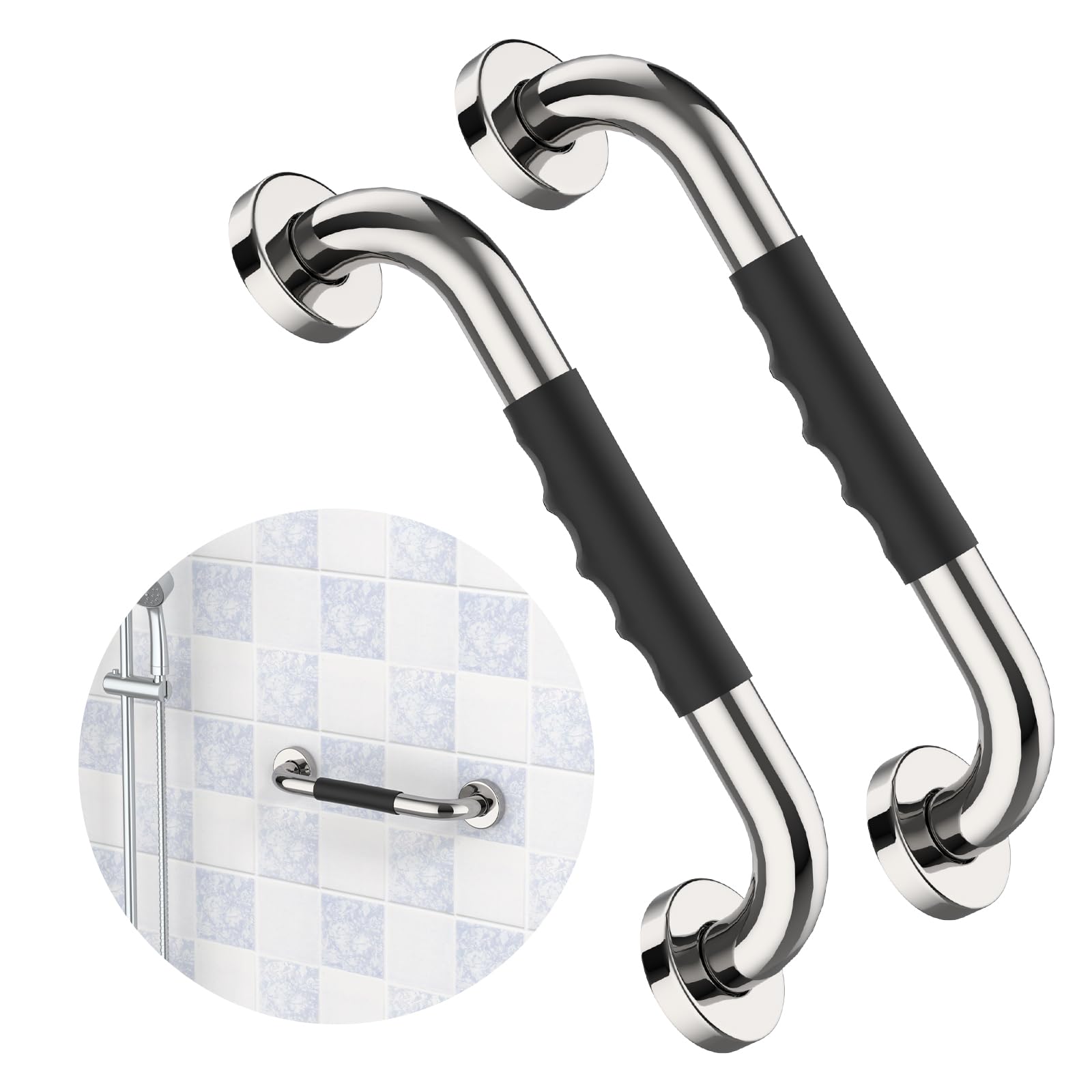 Photo 1 of 2 Pack 12 Inch Shower Grab Bar w/Anti Slip Rubber Grip, ZUEXT SUS304 Stainless Steel Bath Grab Bar, Bathroom Balance Bar, Wall Mount Safety Handrail Support, Handicap Injury Elderly Assist Handle