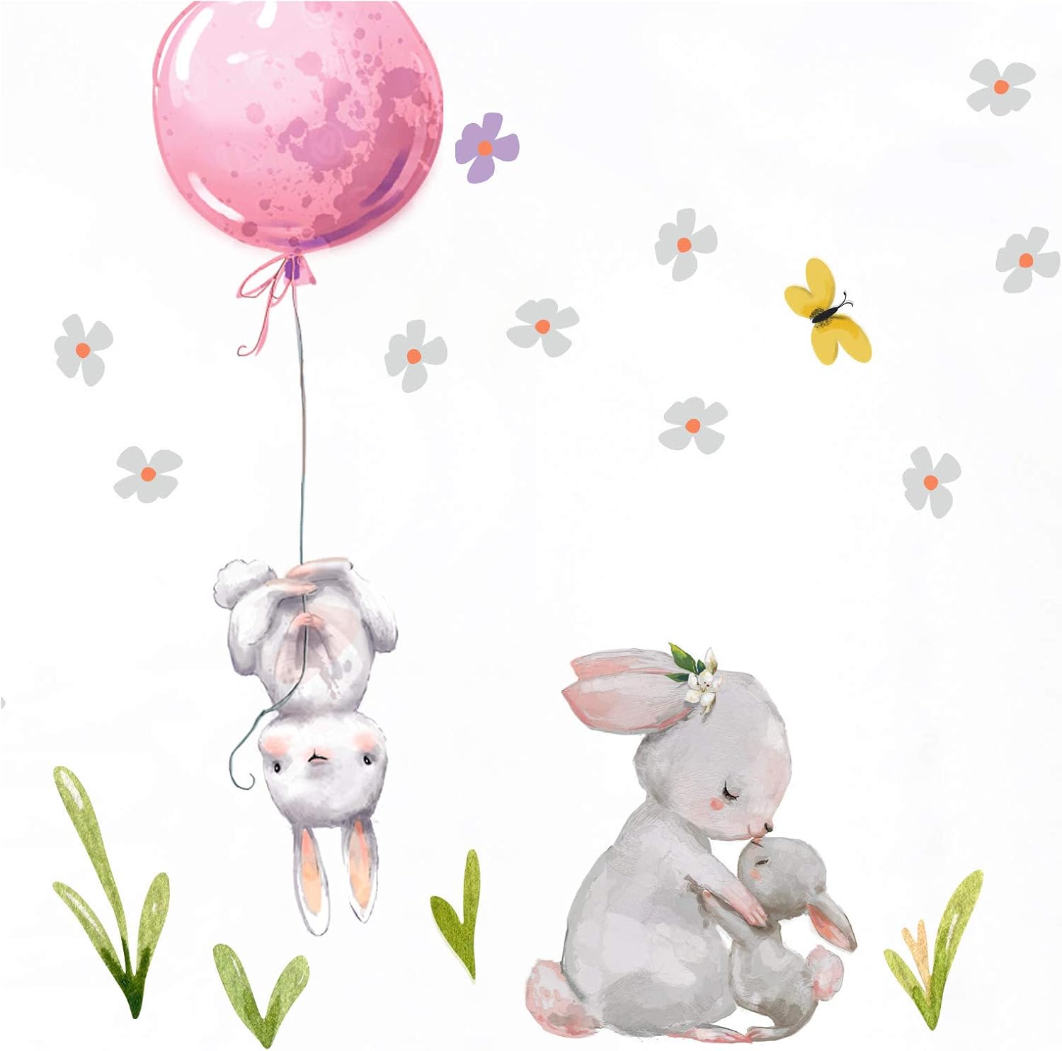 Little Deco Aufkleber Mädchen Kinderzimmer Hasen mit rosa Ballon Sterne