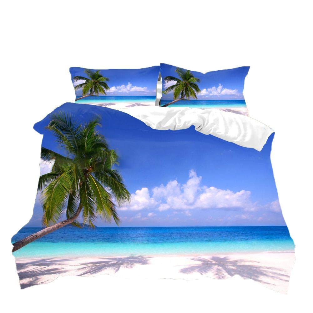 Loussiesd Beach Bedding King Sea Beach Duvet Cover Ocean 3D Hawaiian Tropical Palm Tree Print Bedding Comforter Cover for Teens Boys and Girls Microfiber Seascape 3-Piece Quilt Cover Decorated