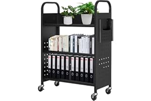 DIYTUNINGS DIYTuning Rolling Book Truck Load 300LBS Book Cart with 3 Flat Shelves,Storage Organizer Bookshelf Library Book Carts with Swivel Lockable Casters for Home Shelves Office and School Company Black