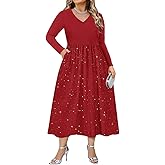 CARCOS Plus Size Dresses for Curvy Women V Neck Long Sleeve Patchwork Casual Wedding Cocktail Dress with Pocket XL-5XL