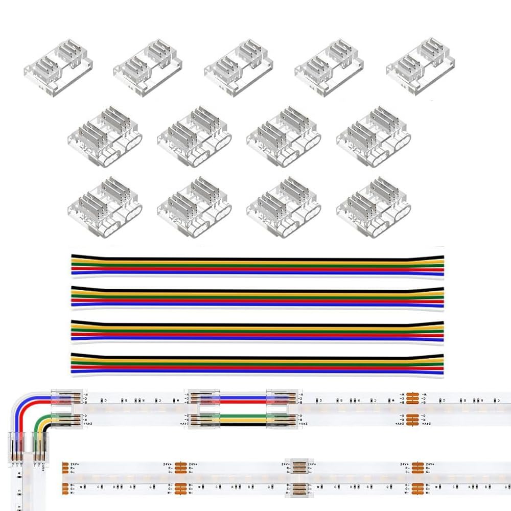 6-Pin LED Connector Kit - 12mm Solderless Quick Connect, Seamless Connection for Continuous Illumination, Includes 5 Strip and 8 Wire Connectors, 4 Pieces of 15cm 24AWG Wires