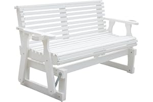 BENEOUYA Porch Glider Heavy Duty 800 LBS 5FT Roll Back Pressure Treated with Cupholders, Wood Patio Glider Chairs Bench with High Roll Back and Deep Contoured 2-Seater for Backyard, Poolside, Garden, White