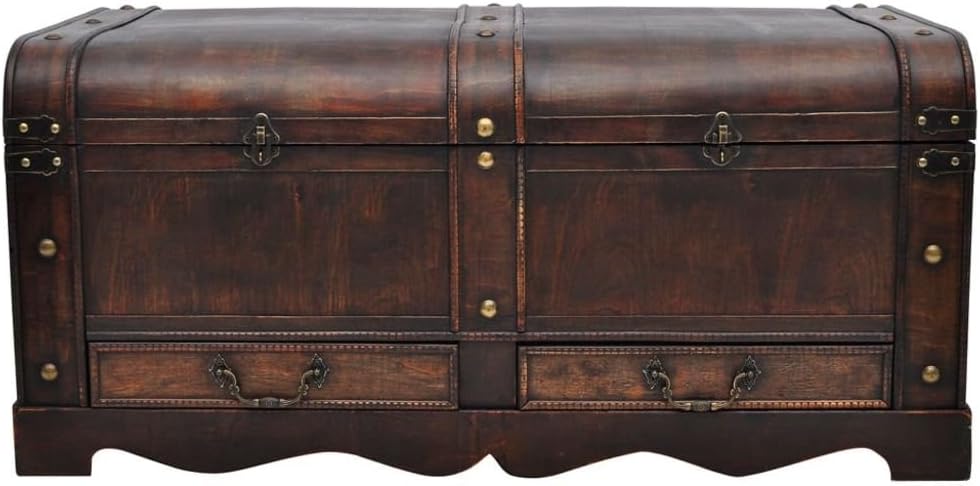 Wooden Treasure Box Storage Trunk, Vintage Treasure Chest with 2 Pull Out Drawers for Home Livingroom Bedroom Cafe Bar Hotel