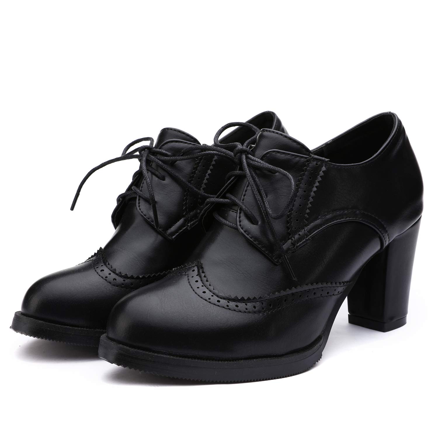 Odema Womens PU Leather Oxfords Brogue Wingtip Lace Up Dress Shoes Chunky High Heels Pumps Oxfords - Image 4