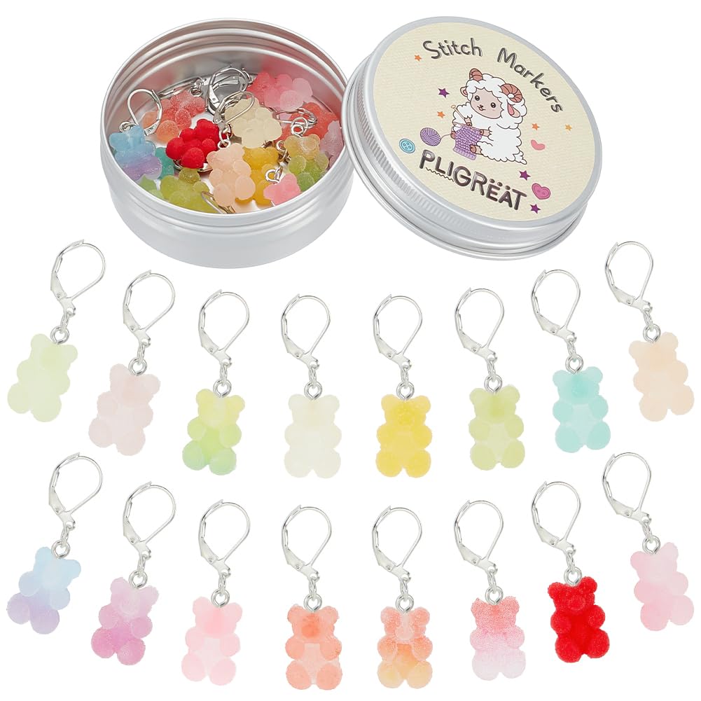 PLIGREAT 16 Pcs Candy Color Gummy Bear Charms Crochet Stitch Markers Knitting Row Counter Locking Marker with Storage Box for Grandma Mom Gift Knitting Tool Kit DIY Craft Jewelry Making Accessories