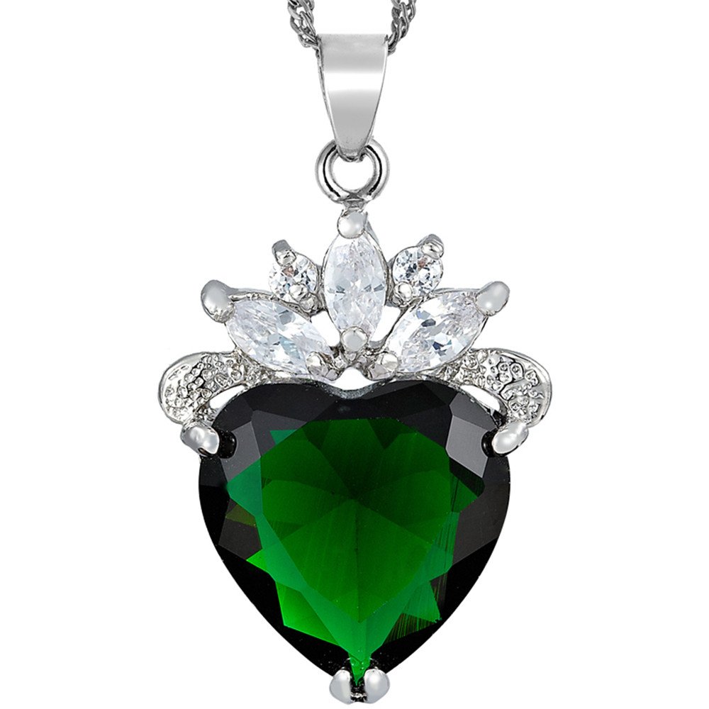 RIZILIA Ocean Heart Pendant with 45cm(18") Chain & Heart Cut Gemstones CZ [Green Emerald] in 18K White Gold Plated, Simple Modern Elegance — image 1
