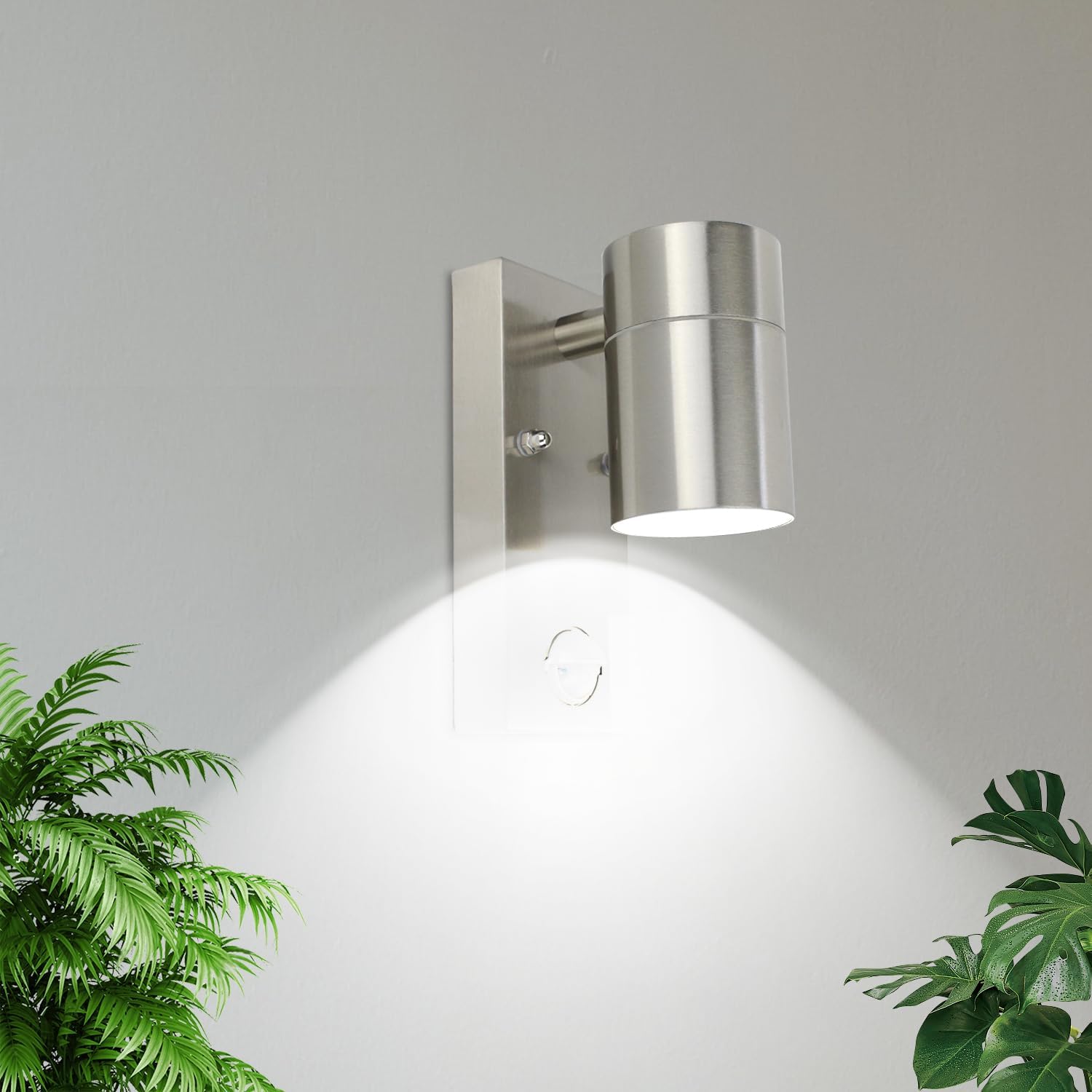 Allesgute Outdoor Wall Lights with PIR Motion Sensor, IP44 Stainless Steel Outdoor Lights Mains Powered Security Lighting Outside 240V for Porch Front Door with 1x 5W GU10 Bulb Cool White 6000K